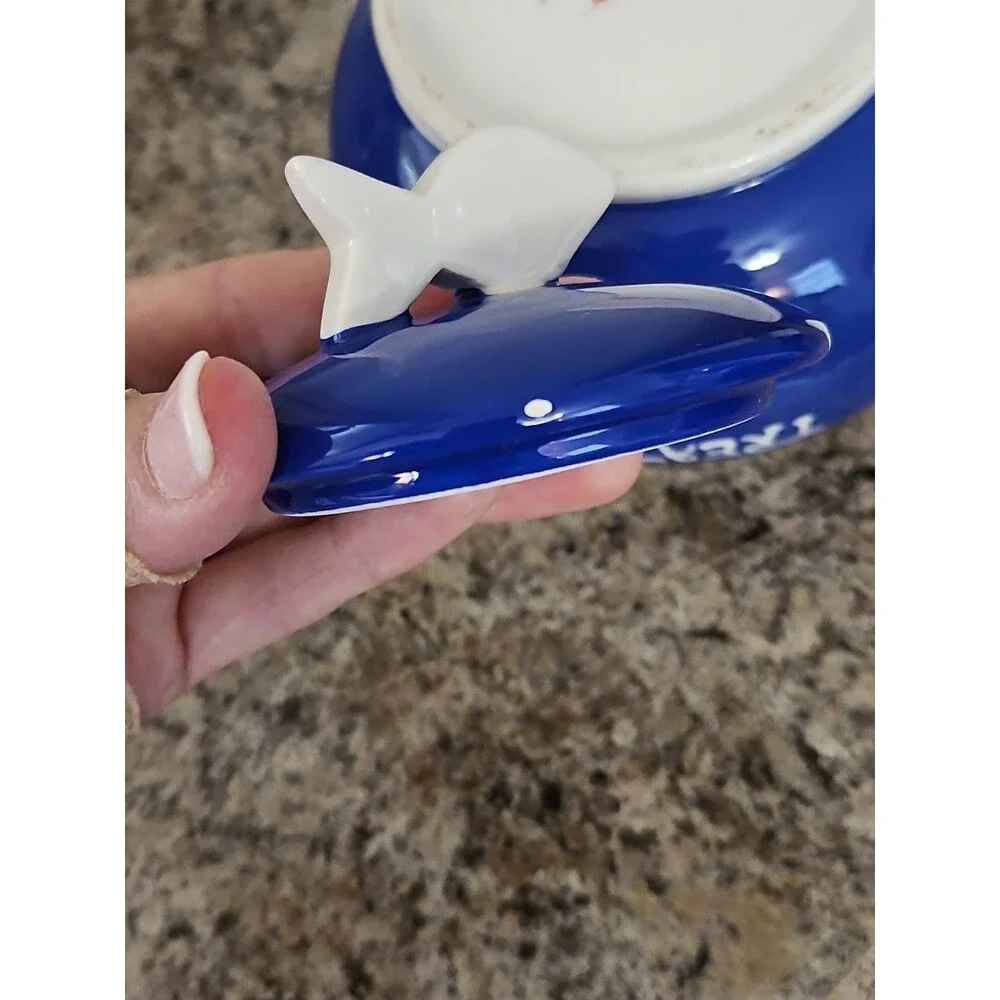 Vintage 1990's Blue & White Ceramic Cat Treats Cookie Jar 4.5